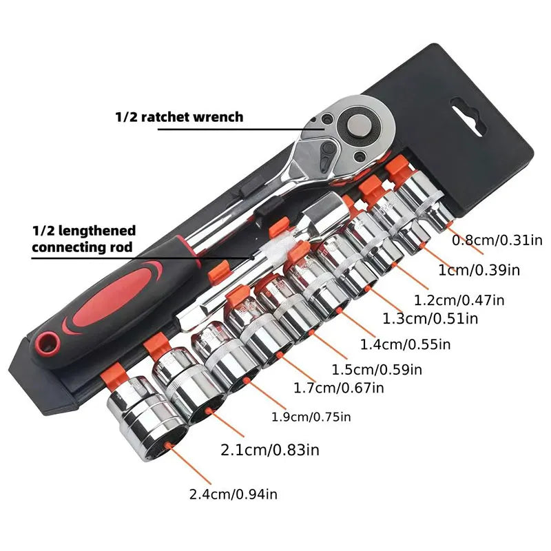 LIDIAO Handle Wrench Set 12pcs Socket Ratchet 1/2 Spanner Kit with Extension Rod and 10 Common Sockets Car Repair Hand Tools