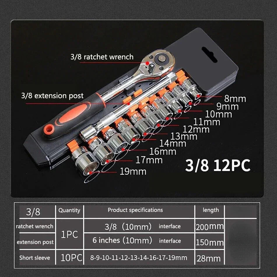 12Pcs Socket Ratchet Wrench Set 1/4" 3/8" 1/2" Bicycle Motorcycle Car Repairing Multi-function Wrench Socket Tool