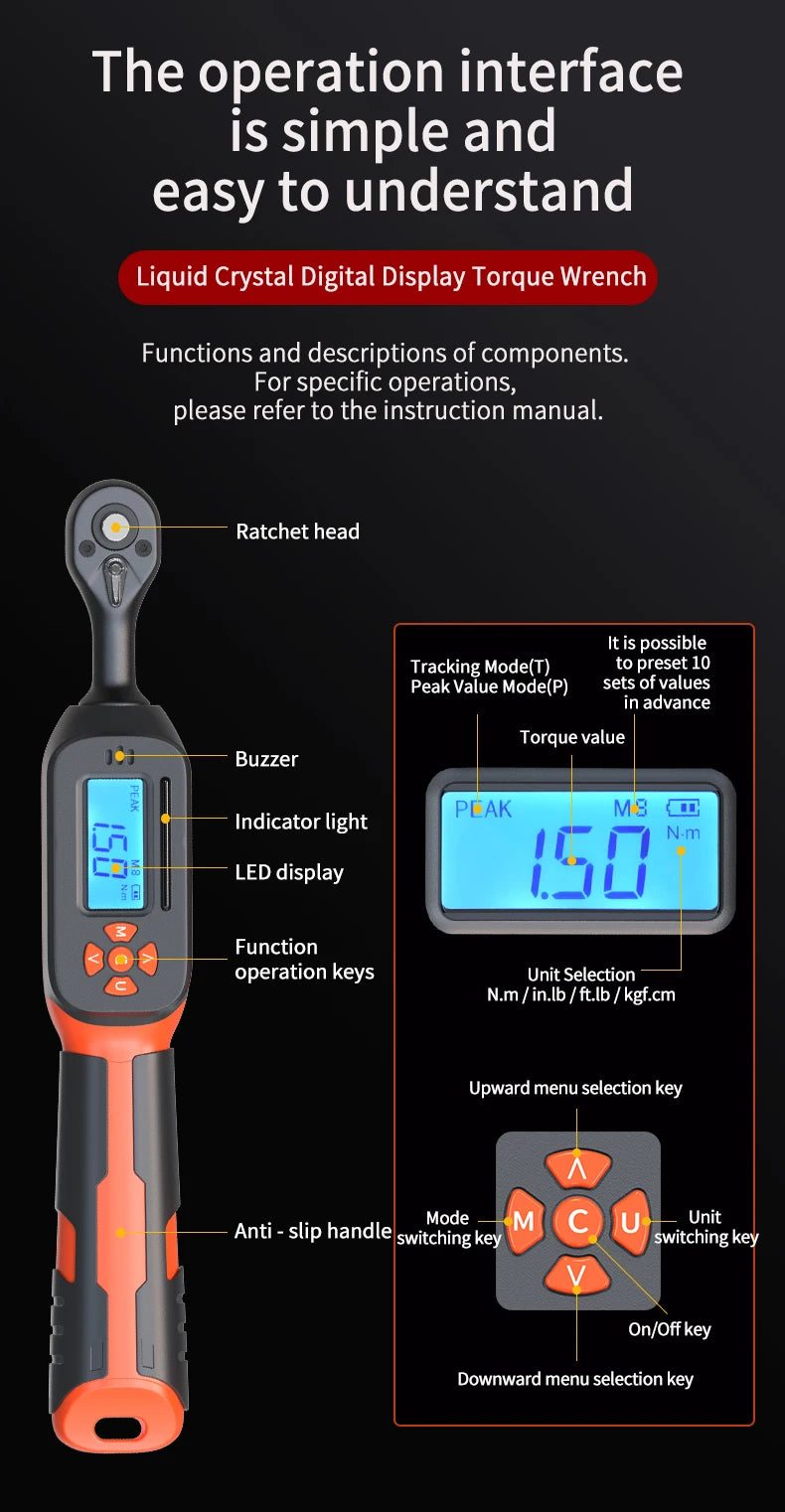 Digital Torque Wrench 0.6-340N.m Adjustable, 2% Accuracy with LED/Buzzer Alert for Car Bike Motorcycle
