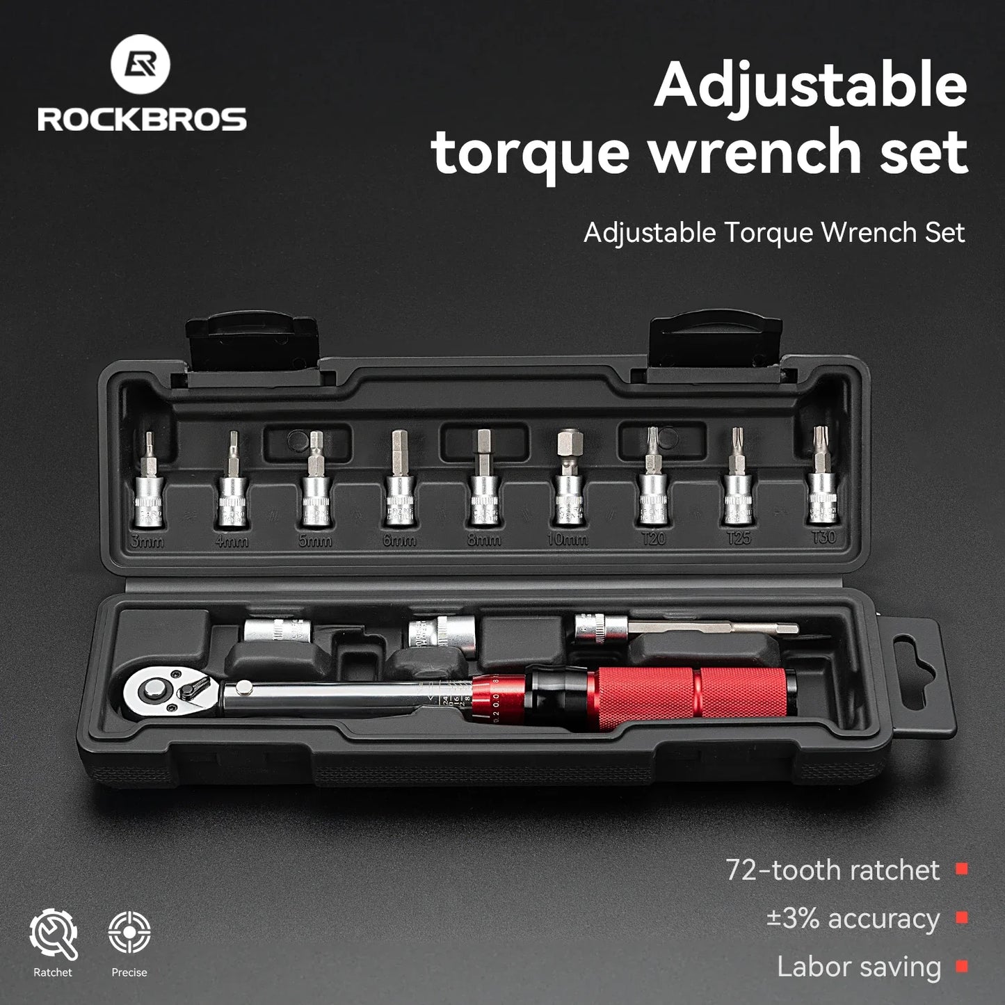 ROCKBROS High Precision Torque Preset Wrenches 2-24 Nm Torque Adjustable 72 Tooth Ratchet Quick Release Torque Wrenches