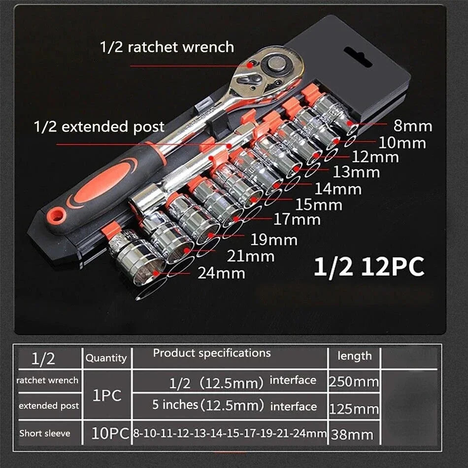 12Pcs Socket Ratchet Wrench Set 1/4" 3/8" 1/2" Bicycle Motorcycle Car Repairing Multi-function Wrench Socket Tool