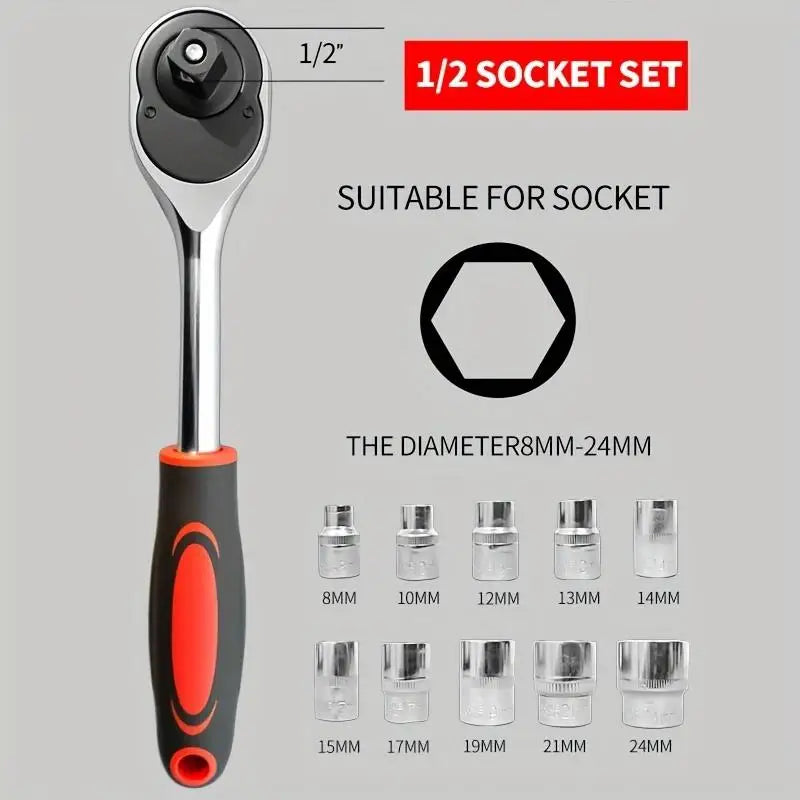 LIDIAO Handle Wrench Set 12pcs Socket Ratchet 1/2 Spanner Kit with Extension Rod and 10 Common Sockets Car Repair Hand Tools