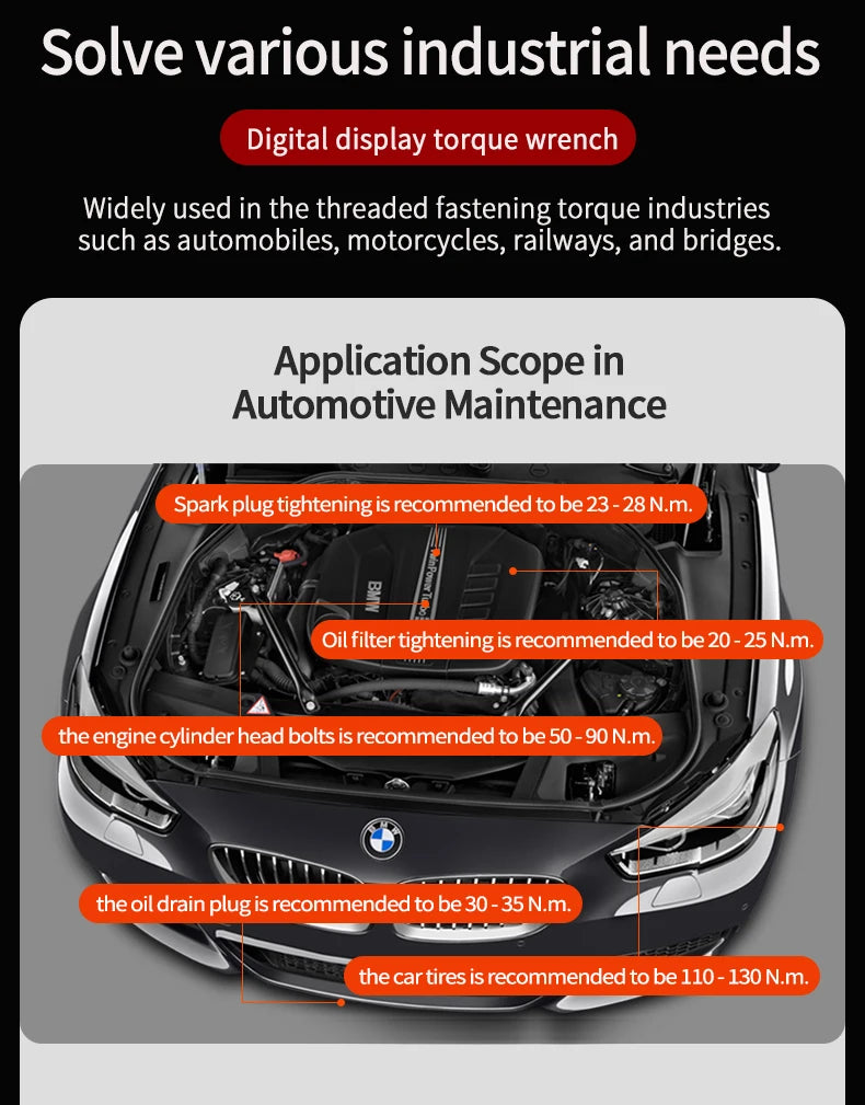 Digital Torque Wrench 0.6-340N.m Adjustable, 2% Accuracy with LED/Buzzer Alert for Car Bike Motorcycle
