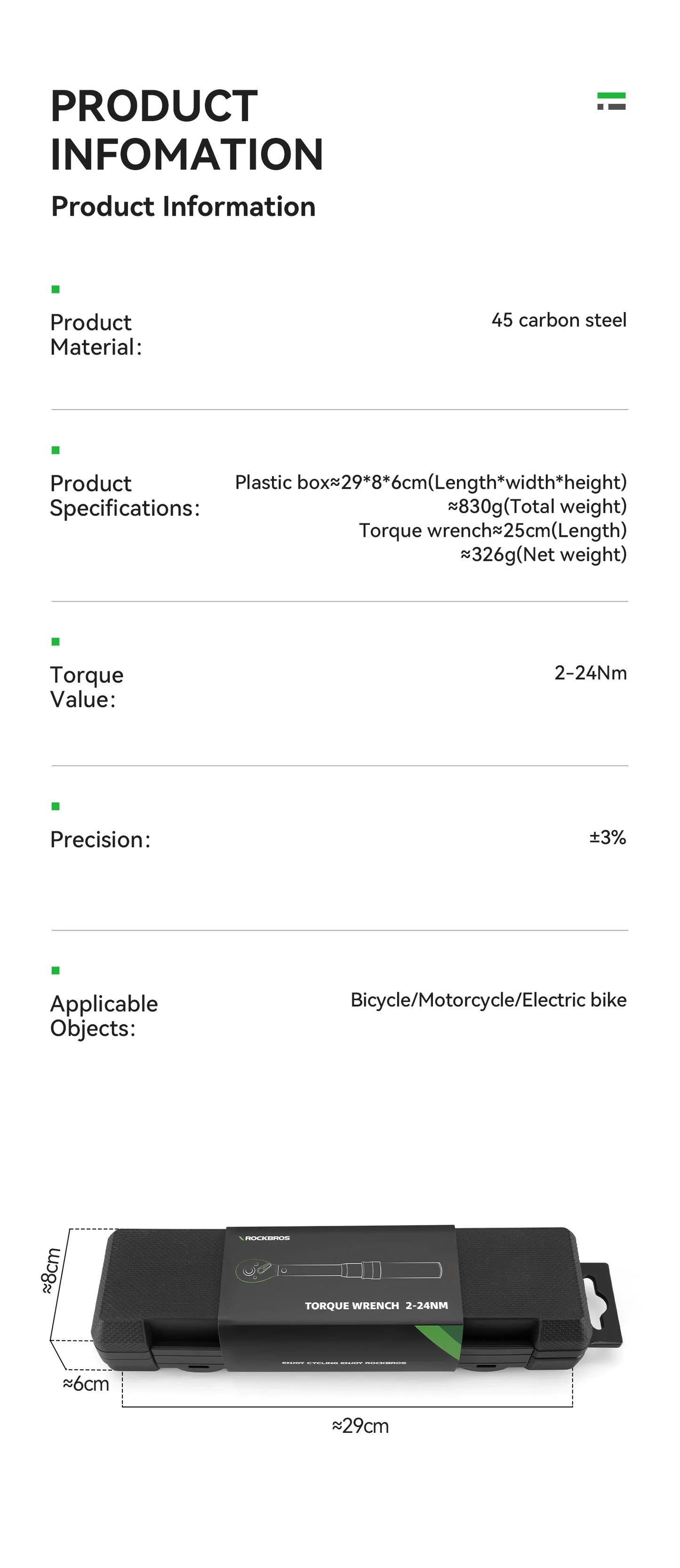 ROCKBROS High Precision Torque Preset Wrenches 2-24 Nm Torque Adjustable 72 Tooth Ratchet Quick Release Torque Wrenches
