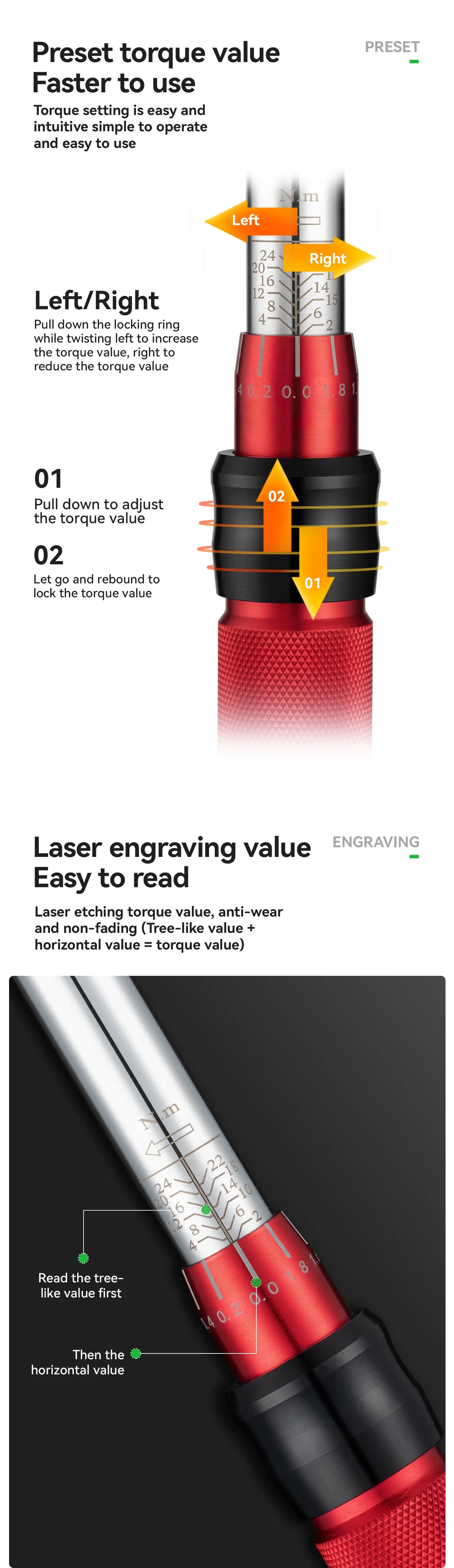 ROCKBROS High Precision Torque Preset Wrenches 2-24 Nm Torque Adjustable 72 Tooth Ratchet Quick Release Torque Wrenches