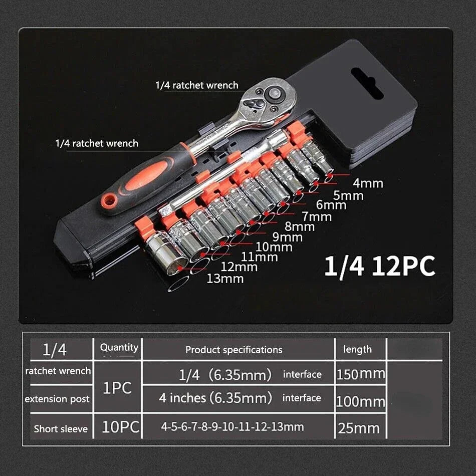12Pcs Socket Ratchet Wrench Set 1/4" 3/8" 1/2" Bicycle Motorcycle Car Repairing Multi-function Wrench Socket Tool