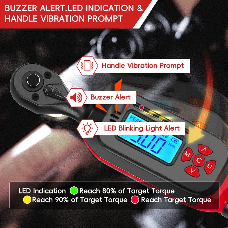 Digital Torque Wrench 0.6-340N.m Adjustable, 2% Accuracy with LED/Buzzer Alert for Car Bike Motorcycle