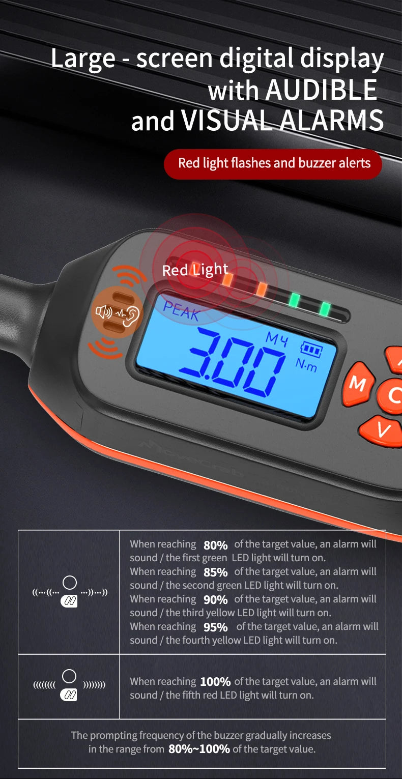 Digital Torque Wrench 0.6-340N.m Adjustable, 2% Accuracy with LED/Buzzer Alert for Car Bike Motorcycle