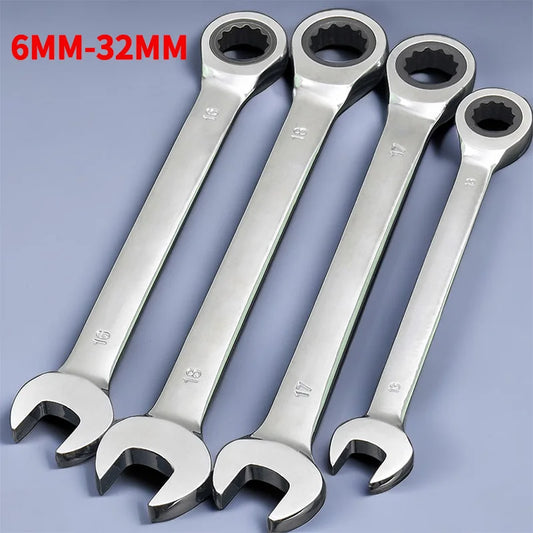 Dual-head Ratchet Wrenches - Chrome Plated Vanadium Steel, 6-32mm Combination Spanners for Car Repair and Hardware Tasks