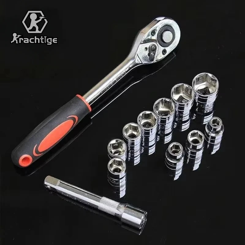 12Pcs Socket Ratchet Wrench Set 1/4" 3/8" 1/2" Bicycle Motorcycle Car Repairing Multi-function Wrench Socket Tool